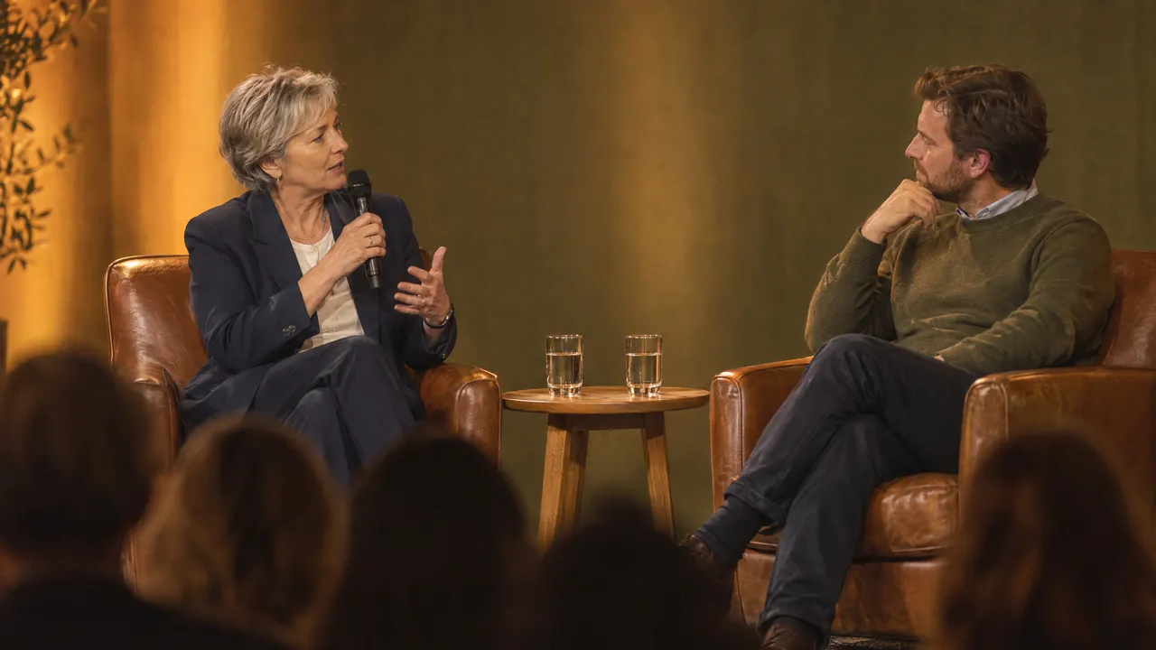 Two speakers in leather armchairs hold a conversation on stage in front of an audience.