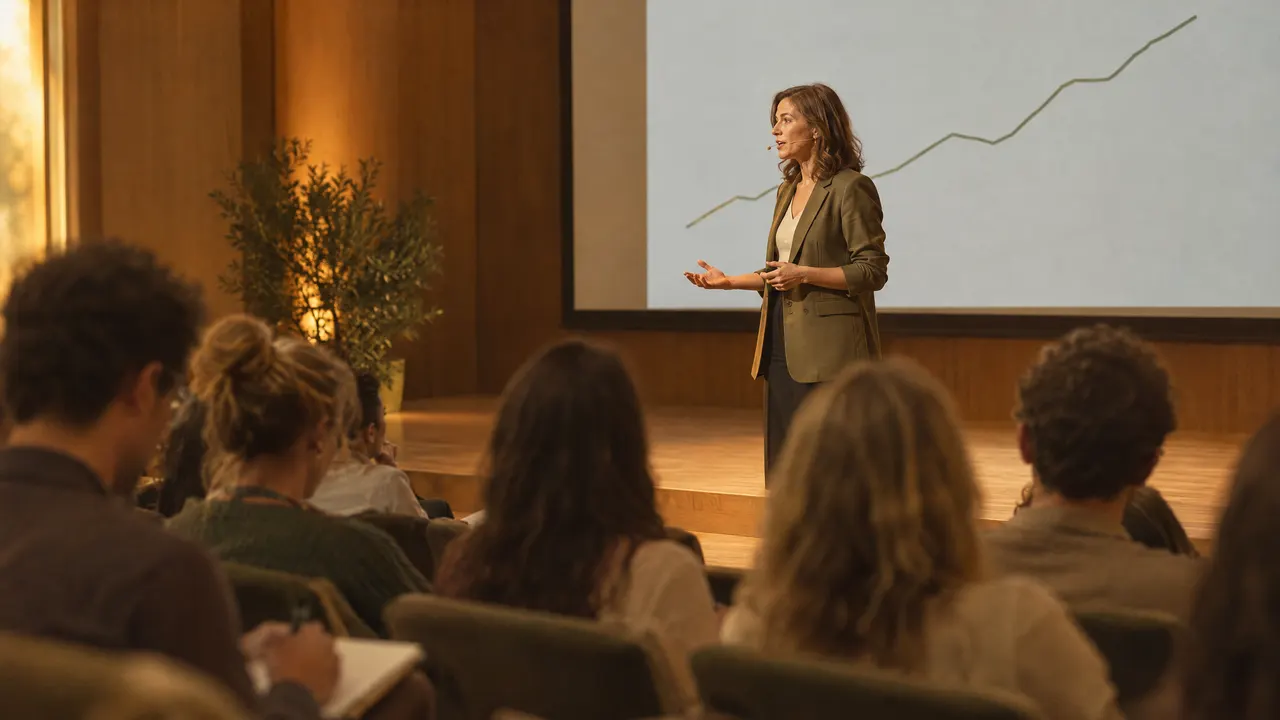 A speaker presents a chart on stage while the audience takes notes.